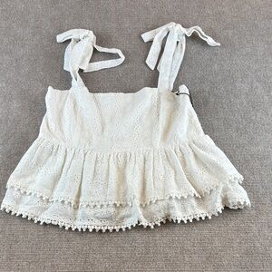 Lost + Wander Women's White Lace Ruffle Tie Straps Smocked Back Crop Top NWT
